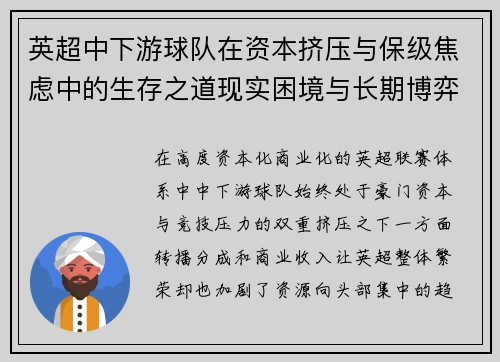 英超中下游球队在资本挤压与保级焦虑中的生存之道现实困境与长期博弈